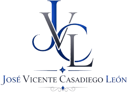 Logotipo de José Vicente Casadiego León: monograma JVCL en azul y plata sobre fondo blanco.